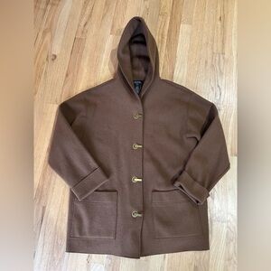Wool Blend Chocolate Brown Jacket with Metal Clasp Buttons And Hood